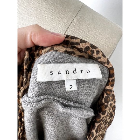 SANDRO Wool Cashmere Blend Sweater Leopard Peter Pan Collar Sz 2 Grey - Picture 8 of 10